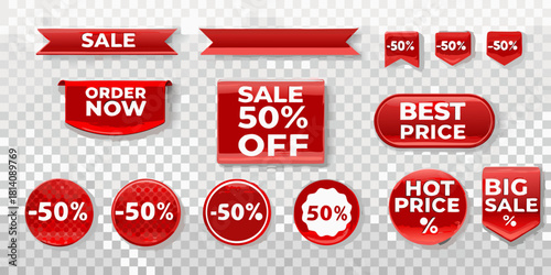 Collection of red sale and discount tags and labels