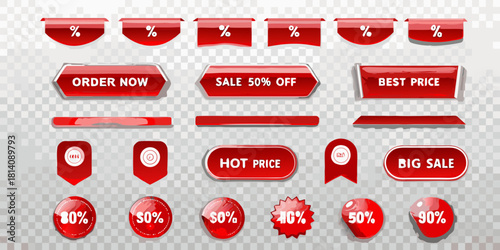 Collection of red sale and discount labels and badges