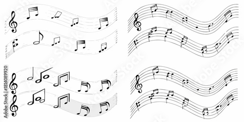 Musical notes and staff lines on wavy backgrounds