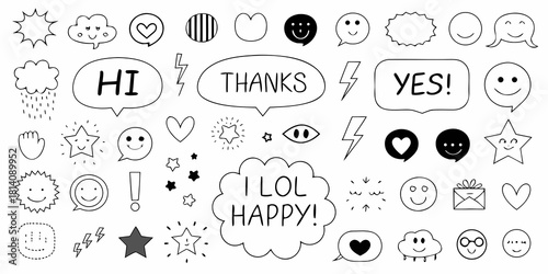 Collection of hand drawn doodle icons and speech bubbles