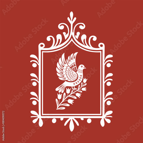 Ukrainian Folk Art Dove and Floral Ornament Traditional Embroidery Style Vector