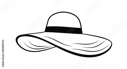 A simple black and white line drawing illustration of a wide-brimmed floppy hat with a band, perfect for summer or beach concepts.