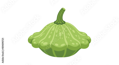 A vibrant green pattypan squash, known for its unique disc shape and scalloped edges, stands out against a clean white background.