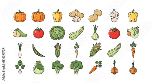 A vibrant collection of fresh vegetable icons featuring common garden produce in a clean, simple flat design style on white.