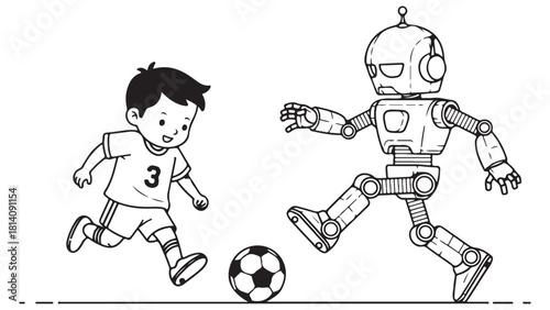 Monochrome Vector Illustration Boy Robot Playing Soccer Outline Style