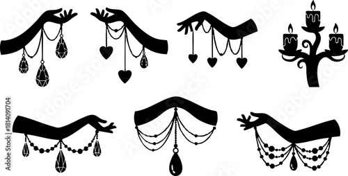 Silhouettes of hands with hanging jewelry and candelabrum vector illustration black shapes