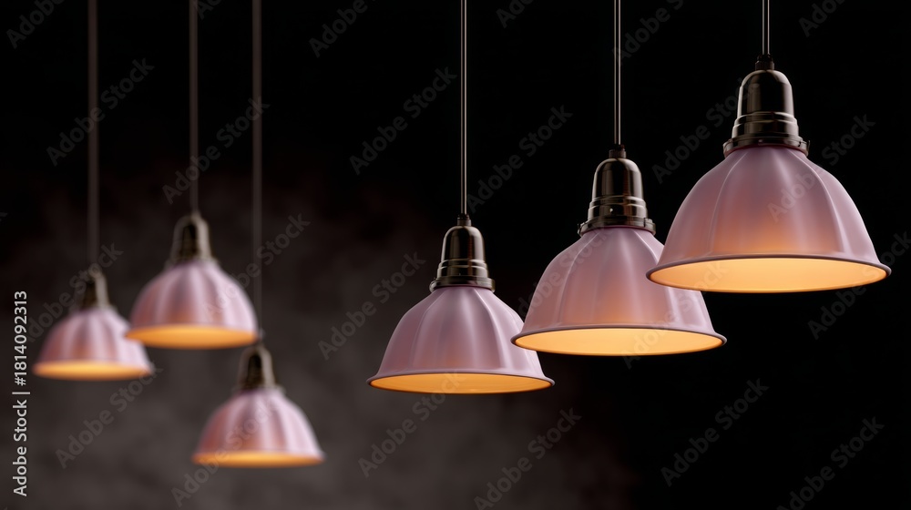 Obraz premium Elegant hanging pendant lights with soft pink shades illuminating a dark space, creating a warm and inviting atmosphere, perfect for modern interior design and ambiance enhancement