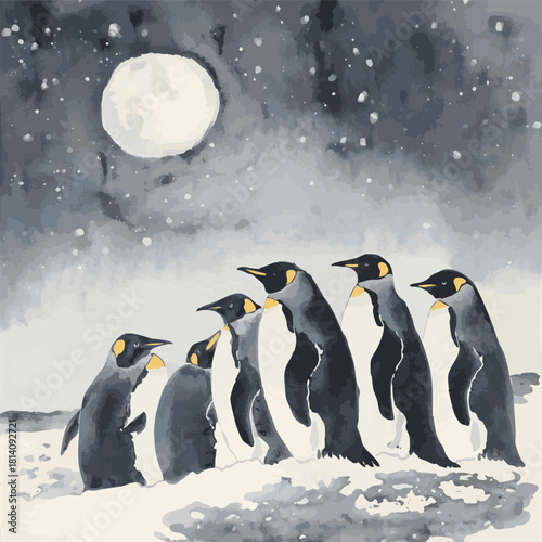Ink painting with group of penguins under the full moon and starry sky. Traditional Japanese ink wash painting sumi-e