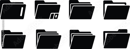 Black file folder icon set vector, document directory management symbols, office storage organization graphic collection for data archive system, business digital filing design