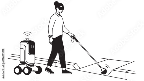 Minimalist Black and White Line Art: Visually Impaired Person with Robot