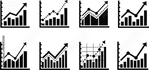 Business growth analytics chart icons set, rising bar graph with trend line and arrow symbols, financial performance data visualization vector for marketing and reporting