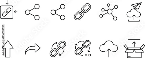 Collection of link sharing and upload icons, minimalist line style vector symbols for cloud storage, file transfer, share connection, data synchronization tools