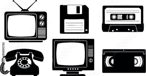 Vintage technology icons including television floppy disk cassette telephone vector illustration classic devices