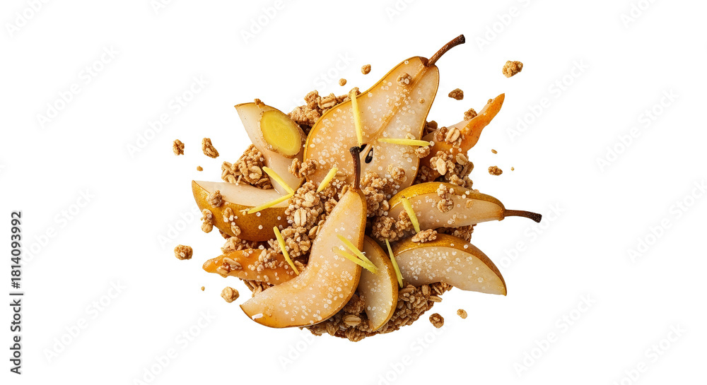 Fototapeta premium A Deliciously Layered Arrangement of Sliced Pears with Granola and Lemon Zest on White Background
