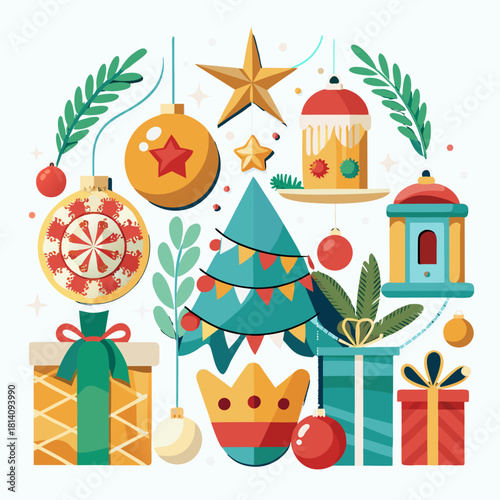 Festive Christmas cheer with vibrant ornaments, gifts, and a decorated tree, perfect for holiday greetings and seasonal designs, originally a scalable vector graphic