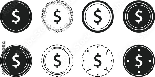 Dollar coin symbol icons set, financial currency money sign vector collection in modern minimal style, economic savings banking investment design illustration