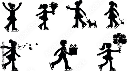 Silhouette children playing with gifts balloons dog and flowers vector illustration