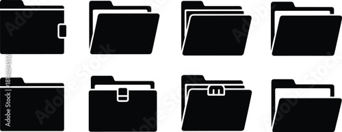 File folder icon vector set with documents and closed storage symbols, office organization archive management design, black silhouette business document directory icons collection