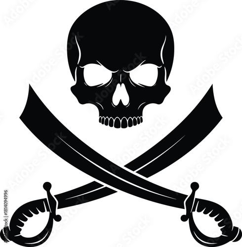 Pirate skull with crossed swords black silhouette, dangerous warning symbol vector illustration, jolly roger emblem for adventure theme, sea piracy design, nautical graphic icon