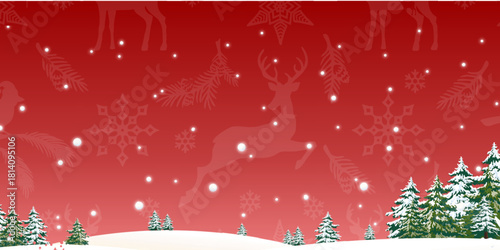 Festive red Christmas background with leaping reindeer silhouettes, snowflakes, and a snowy forest scene.
