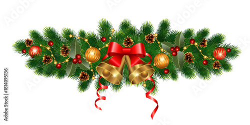 Christmas garland with golden bells, a red bow, pinecones, and festive ornaments.