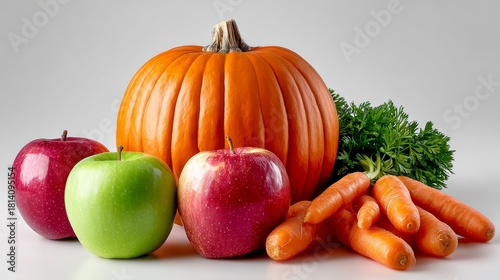 Fresh assortment of vibrant fruits and vegetables including apples, carrots, and a large pumpkin, arranged artistically on a clean surface, showcasing seasonal harvest bounty and natural colors