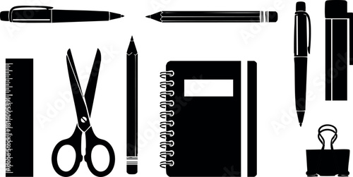 Office supplies set with pen pencil scissors ruler notebook and clip vector illustration