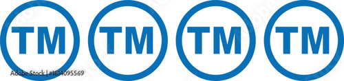Trademark TM symbol round blue icon set, intellectual property protection sign, legal brand identity label vector illustration for copyright registration and corporate product branding design