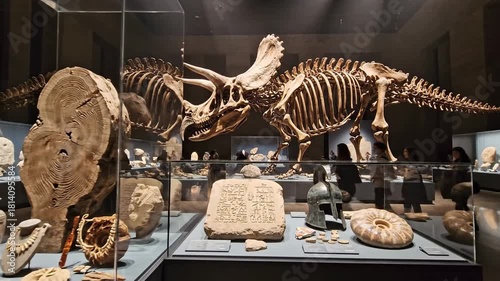 Triceratops Dinosaur Skeleton Exhibit in a Natural History Museum.