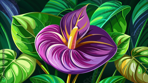 Very beautiful close-up of a purple Anthurium jenmanii flower with lush green leaves in the background, selectively focused on the variegated Anthurium jenmanii plants, highlighting their unique patte