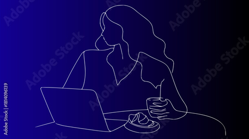 Single line art vector of a focused woman working on laptop, representing remote business, digital productivity, and modern work life.
