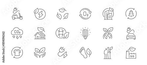 Ecology thin line icons. Green technologies, eco electric energy concept. Environment outline symbols and signs