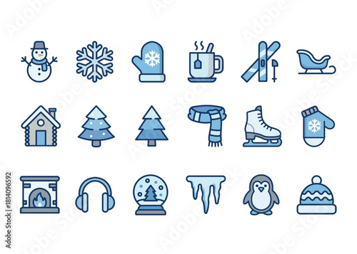 winter blue icons set: snow, snowman, ski, hot drink, snowflake, mitten, scarf, ice skating, cabin, christmas tree