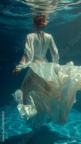 Elegant woman in flowing dress underwater, graceful movement creating a dreamlike atmosphere, fantasy and serenity intertwine in an aquatic ballet