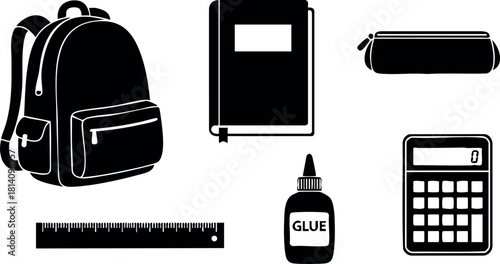 School supplies backpack notebook glue ruler calculator pencil case vector illustration
