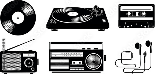 Retro music player collection vinyl record turntable cassette radio earphones vector illustration