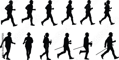 Active people trail running, jogging, and walking silhouettes vector illustration set, featuring male and female hikers and runners engaging in outdoor fitness and trekking activities.