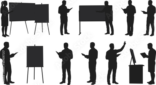 Business People Presenting and Reading Silhouettes Set, Men and Woman Standing by Whiteboards for Corporate Meeting and Training Vector