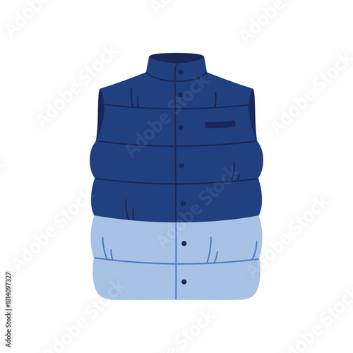Modern blue puffer vest for men shown isolated on white background vector illustration