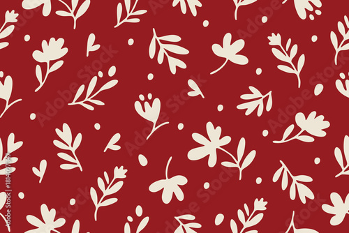 Elegant cream botanical shapes scattered on a deep red background, creating a warm, modern floral pattern perfect for textiles, wallpapers, and festive designs.
