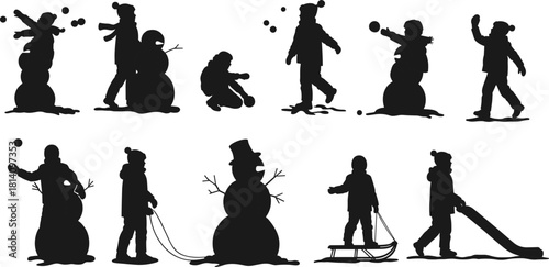Children and Snowmen Silhouettes Set, Vector Illustration of Kids Building, Throwing Snowballs, and Sledding, Representing Winter Fun and Cold Season Activities