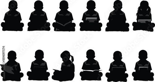 Set of Children Silhouettes Sitting and Reading Books or Using Tablets, Vector Illustration of Kids Learning, Studying, and Engaging with Education Technology
