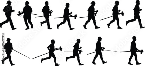 Construction Worker or Laborer Running and Walking Silhouette Vector Set, Hard Hat and Tools, Manual Work and Industry Concept, Full Body Black Graphic, Isolated on White
