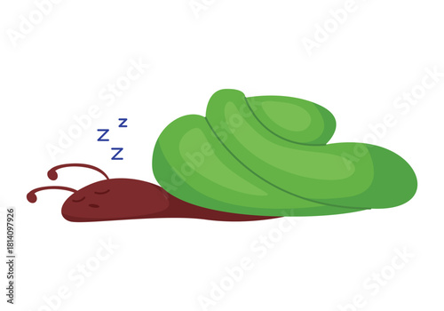 Adorable green snail character sleeping peacefully on white background, perfect for kids designs, isolated vector illustration