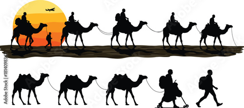 Desert Camel Caravan Silhouette Vector Set, People Riding Camels, Sunset Landscape, Sand Dune Journey, Travel and Exploration, Adventure Trip, Black and White Graphic, Isolated