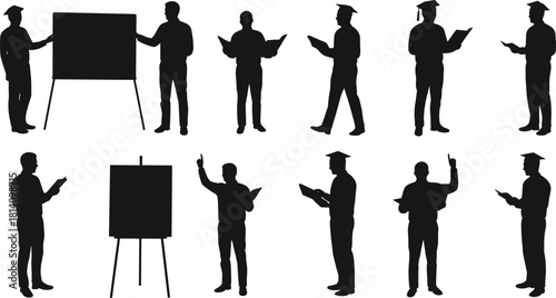 Educator and Graduation Silhouette Vector Set, Professor, Lecturer, and Student Figures, Teaching and Learning Concepts, Academic Education, Black Graphic, Isolated Presentation