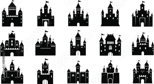 Fairy tale castle silhouettes vector set, fantasy kingdom palace or fortress icons, medieval building symbols with towers and flags, royal architecture collection, black graphic design elements.