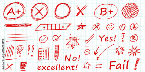 Hand drawn red marks and symbols on grid paper