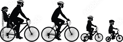 Family cycling silhouettes, set of vector illustrations showing parents and children on bicycles, wearing helmets, riding or biking together, active outdoor lifestyle, profile view.