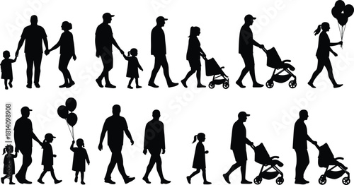 Title: Family Silhouette Vector Set, Parents and Children Walking Together, Stroller Use, Holding Hands, Balloons, Casual Outdoors Lifestyle, Black and White, Full Body Isolated